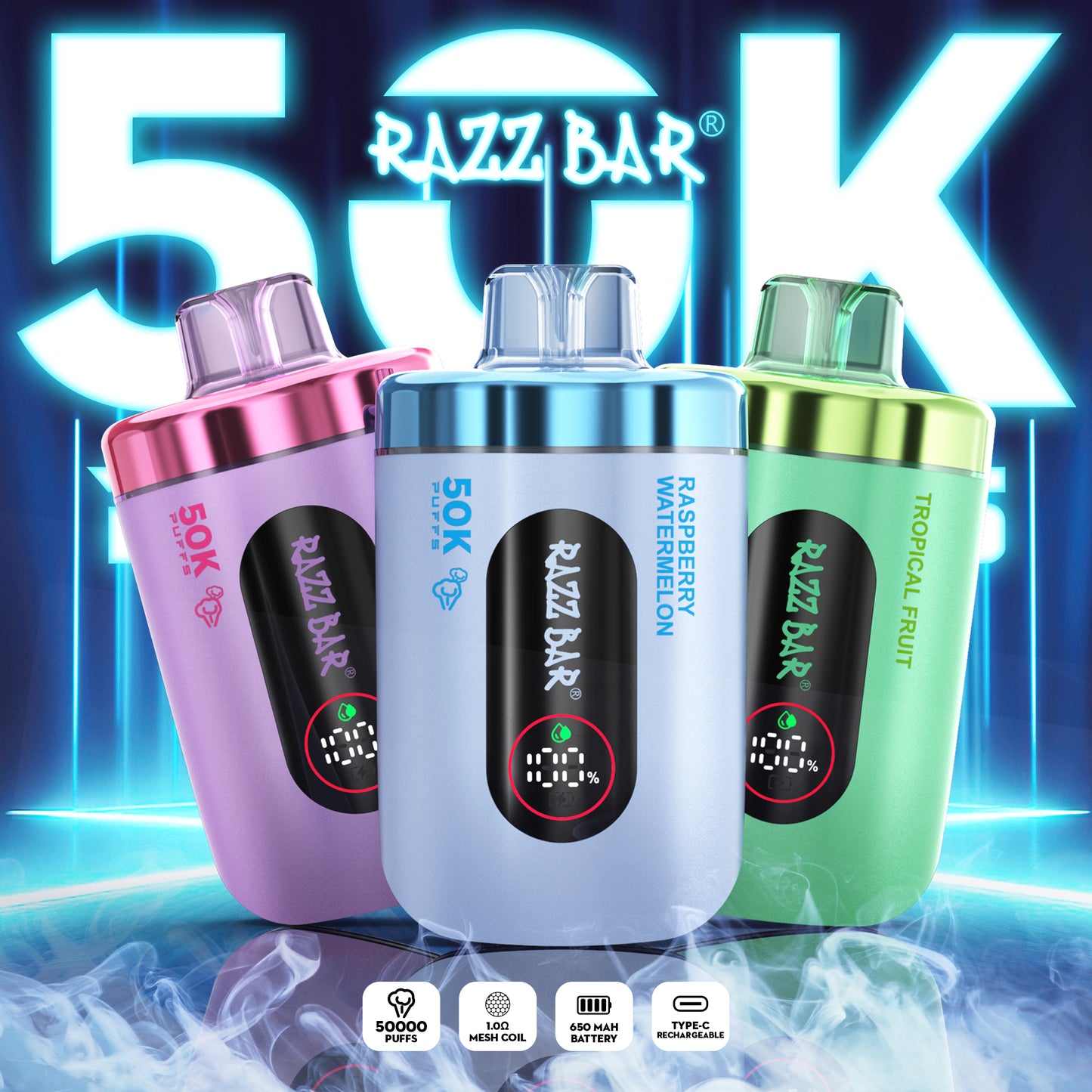 650 mAh ricaricabile Razz Bar 50K Nicotina 2% o 5%