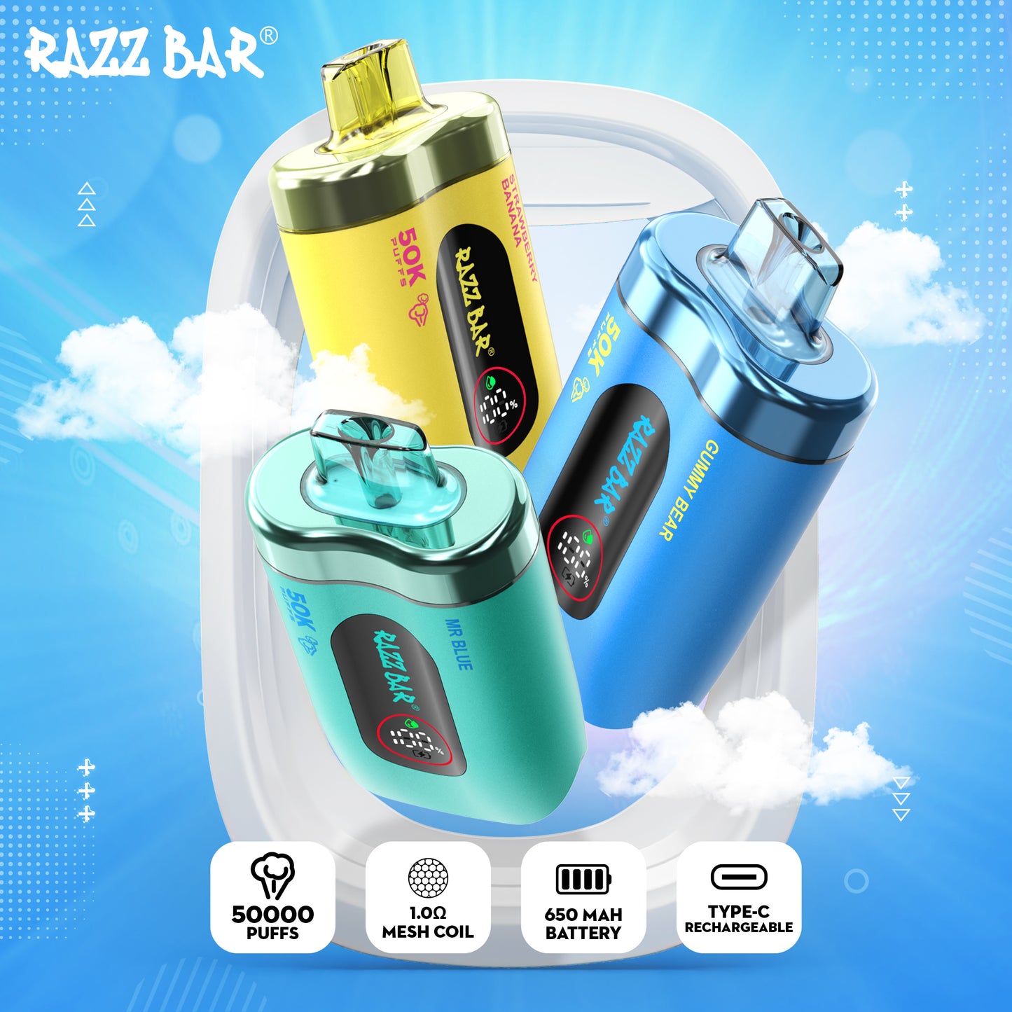 650 mAh ricaricabile Razz Bar 50K Nicotina 2% o 5%