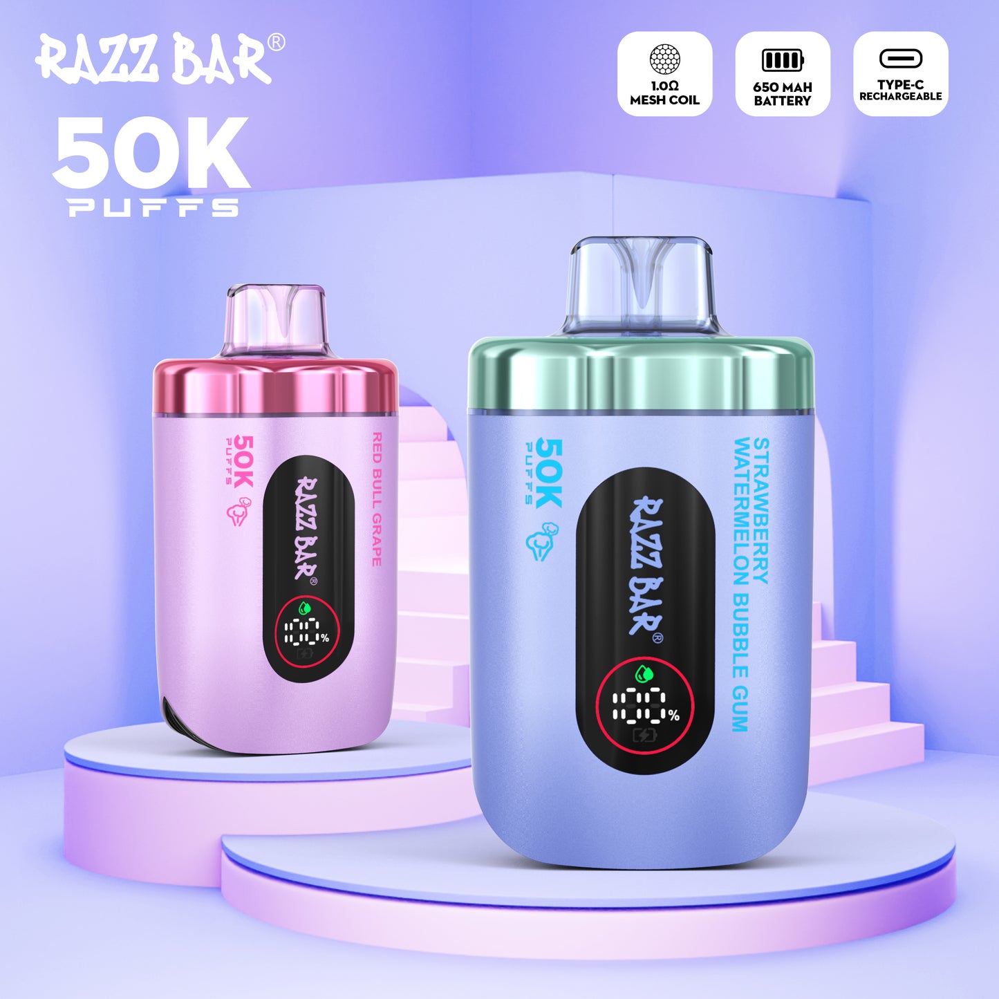 650 mAh ricaricabile Razz Bar 50K Nicotina 2% o 5%