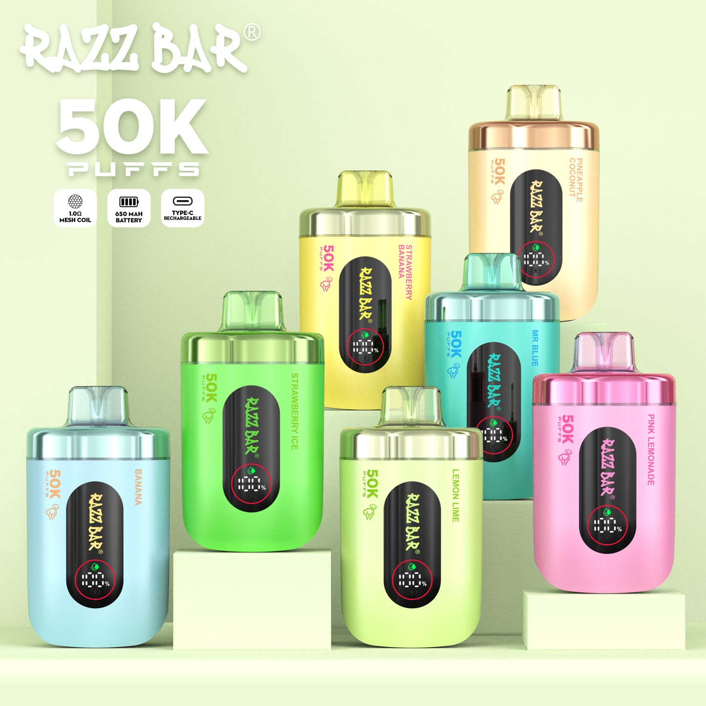 650 mAh ricaricabile Razz Bar 50K Nicotina 2% o 5%
