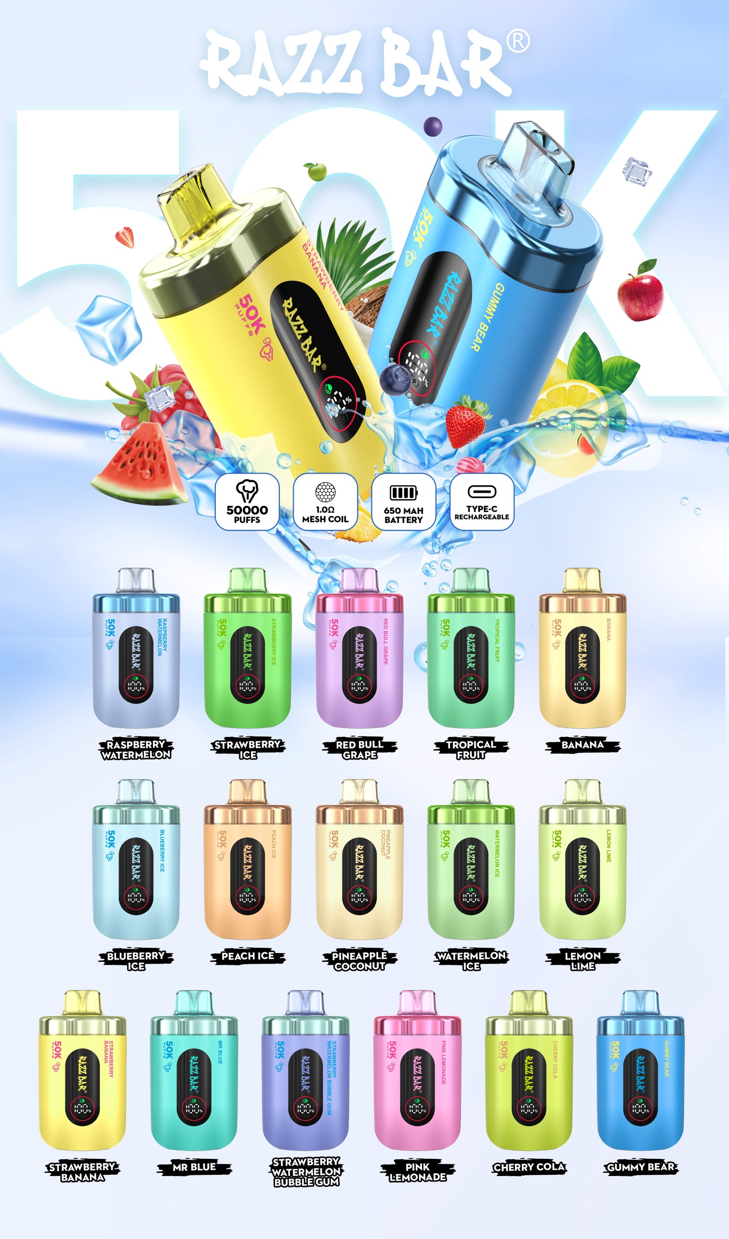 650 mAh ricaricabile Razz Bar 50K Nicotina 2% o 5%