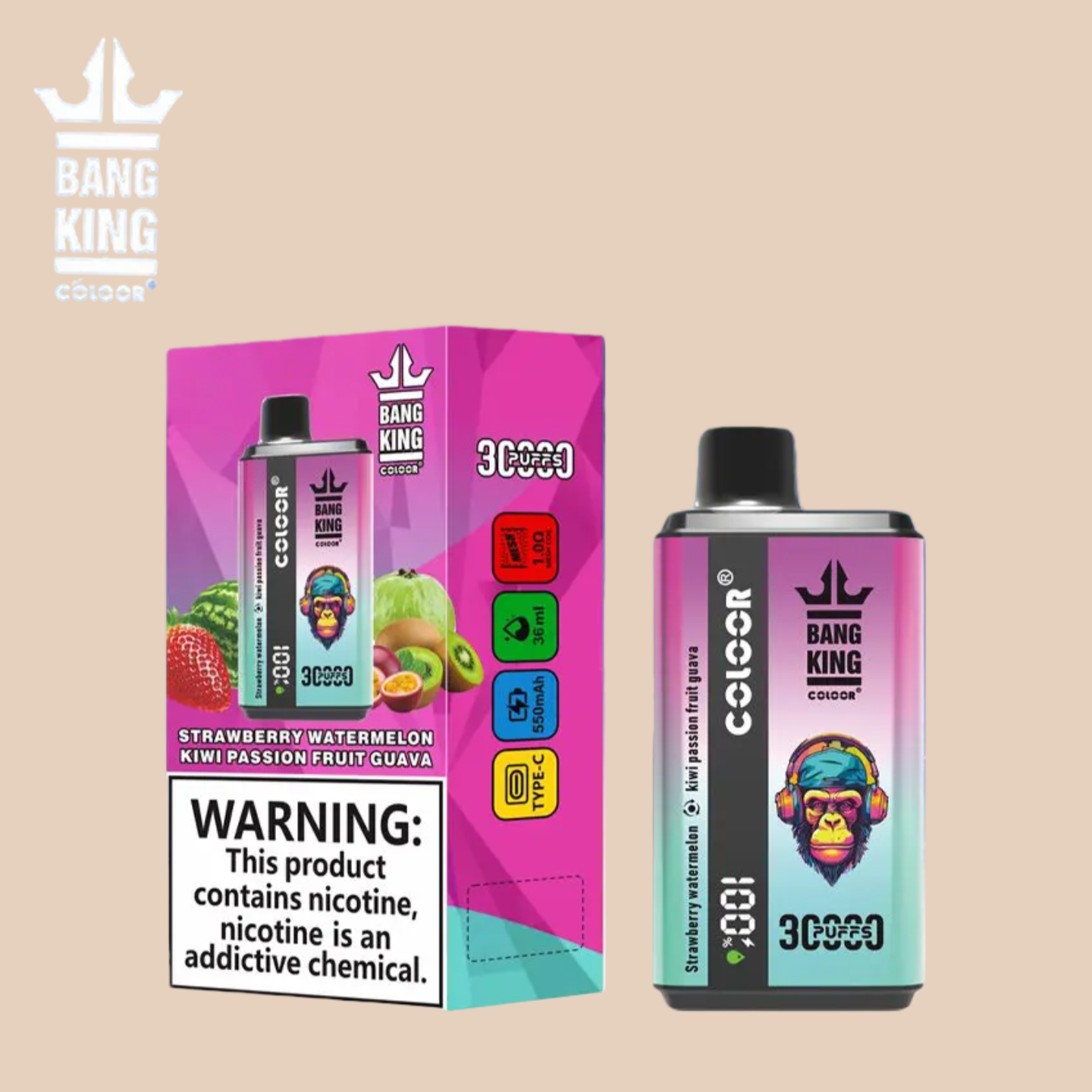 Bang King Puff 30000 Tiri Strawberry Watermelon & Kiwi Passion Fruit Guava Vape